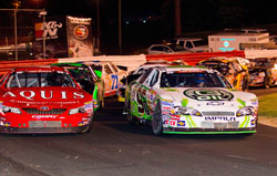 Ben Kennedy gets the inside position on a late restart in NASCAR Hall of Fame 150 K&N Pro Series East race