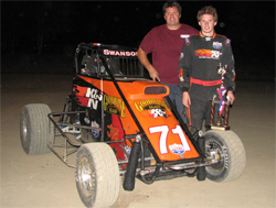 K&N sponsored driver Cody Swanson and his father Kirk Swanson in the Winner's Circle after a USAC Ford Focus Midget Series race at Kings Speedway in Hanford, California