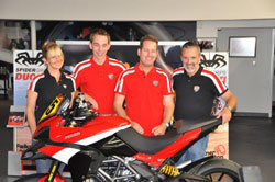 Spider Grips Ducati Team at Ducati Newport Beach for Team Introduction - riders Greg Tracy and Alexander Smith are sandwiched between owners Becca and Paul Livingston.