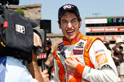Joey Logano celebrates his victory in the NASCAR K&N Pro Series West at Infineon Raceway