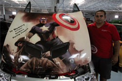 Julio Torres reversed the hood of his modified Pontiac GTO so he could properly display his Mural of Captain America.
