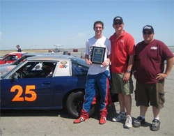 Jacob (left), Richard Pearlman (center) and Crew Chief Kyle Eggleton (right) with Pearlman Motor Racing Mazda RX-7