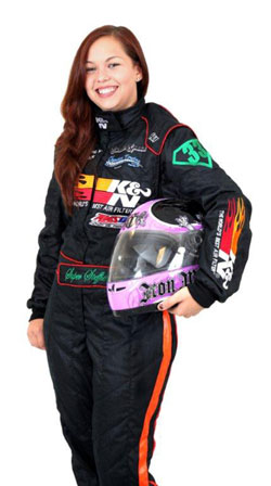 Stephanie Herbage proudly represents and rocks in her new K&N driving suit - Photo by: Adam Stadler.