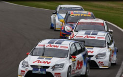 Team Aon's Onslow-Cole was leading the first race at Donington Park before a nudge from behind resulted in a spectacular six car incident. Tom Chilton did finish second.