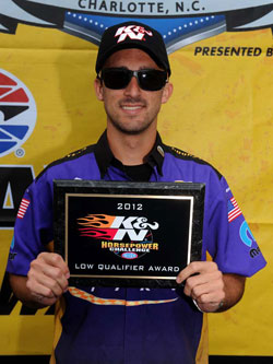 NHRA Pro Stock racer Vincent Nobile adds another K&N Low Qualifier plaque to his collection.